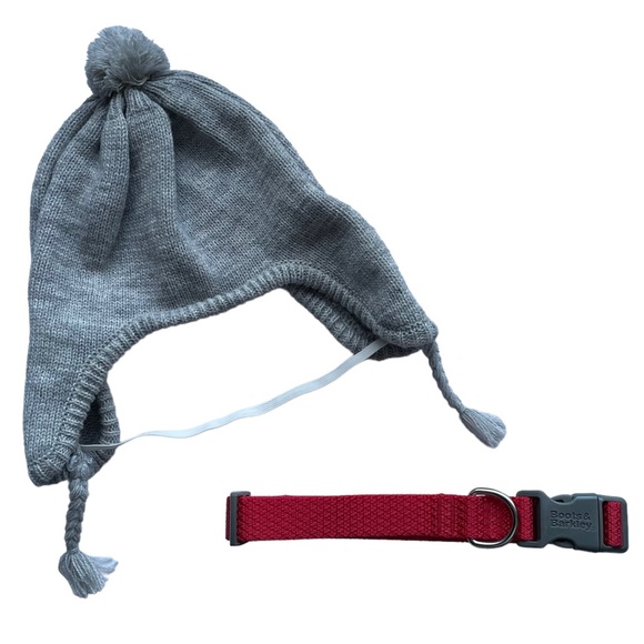 Dog Knit Winter Hat + Red Collar L Gray Red - Picture 2 of 14
